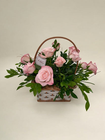 Cesta de Rosas Cor de Rosa